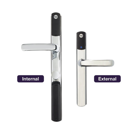 No Sweat Smart Keyless Front Door Handle With Polished Brass Finish And Smartphone App Control For Zero Stress Home Security, Internal and External views