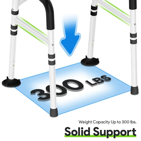 Universal Adjustable Toilet Safety Rail Rock Solid Stand Alone Bathroom Assist Handle shows solid support markings for up to 300 lbs.