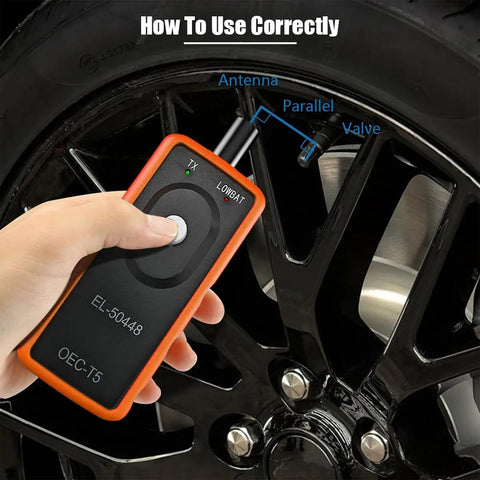 Hand using GM TPMS Relearn Tool For Tire Pressure Sensor Activation And Reset, No Fuss EL 50448 OEC T5 System Programming Training