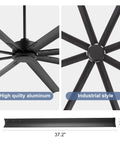 Close-up of 84 Inch Solid As A Rock Industrial Ceiling Fan powered by a Quiet Reversible DC Motor with eight aluminum blades.