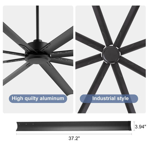 Close-up of 84 Inch Solid As A Rock Industrial Ceiling Fan powered by a Quiet Reversible DC Motor with eight aluminum blades.