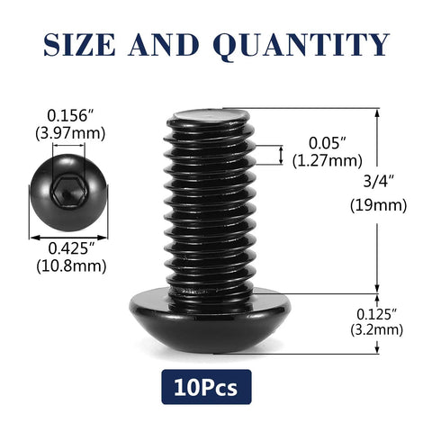 1/4-20 X 3/4 Inch Button Head Socket Cap Bolts And Screws Tough As Nails 304 Stainless Steel With Slick Black Oxide Finish 10 Piece Heavy Duty Kit showing dimensions and size features.