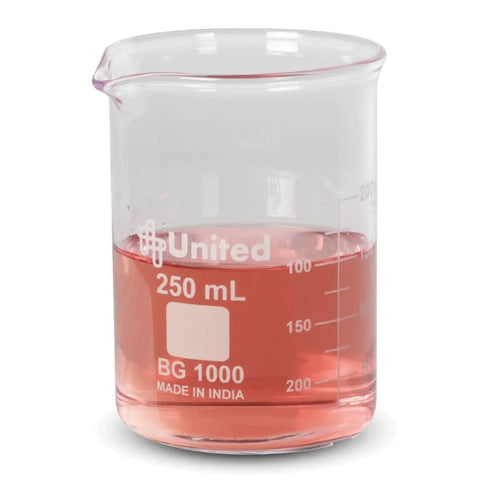 Low Form Griffin Beaker 250 mL With Double Scale Borosilicate Glass 25 To 200 mL Increments Autoclavable with red liquid
