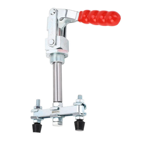 Push Pull Clamp Head With 65.5 mm Stroke And 318 kg Clamping Force Quick Release Elbow Joint Vertical Toggle Clamp For Welding And Woodworking Heavy Duty Secure Hold Tool For Precise Positioning on a metal clamp with red handle
