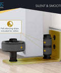Brushed Brass Gold Barn Door Hardware Kit No Fuss With 72 Inch Track System floor guide and rollers close-up view