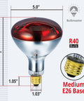 Red Infrared Heat Lamp Bulb 250W R40 Flood Reflector E26 Base For Food Service And Home Use, dimensions shown
