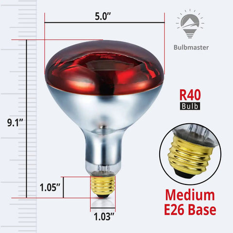 Red Infrared Heat Lamp Bulb 250W R40 Flood Reflector E26 Base For Food Service And Home Use, dimensions shown