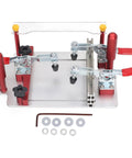 Heavy Duty Aluminum Rail Coping Sled For Router Table Pro Grade Adjustable From Zero To Forty Eight Millimeters And Clamps Up To One Hundred Forty Five Millimeters For Clean Ninety Degree Cuts On Doors Cabinets And Furniture, full view with components.