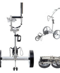 Built Like A Tank Electric Golf Push Cart With Remote Control and Stainless Steel Frame in folded and unfolded state.