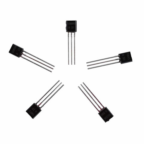 Transistors from Dope Transistor Assortment Kit 600 Pieces, 30 Values, TO-92 Pack displayed in circular arrangement.