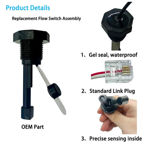 Upgraded GLX FLO RP Pool Flow Switch for Hayward with gel seal, standard link plug, precise sensing, heavy-duty metal, 15 ft cable