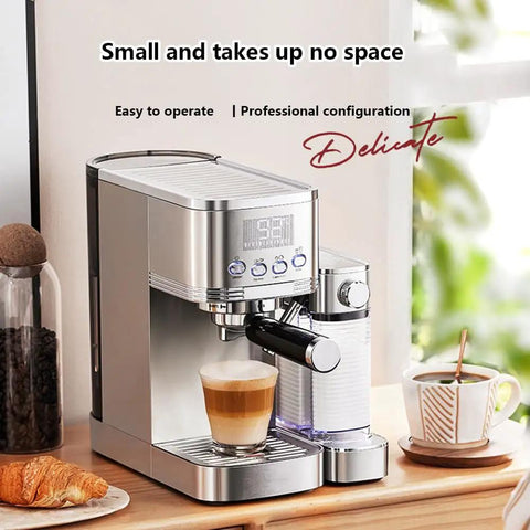 Top Shelf 20 Bar Espresso Machine With Built In Milk Frother And Three Speed Temperature Control makes creamy lattes on kitchen countertop.