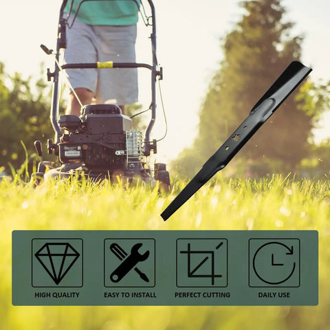 Beefy 42 Inch Deck High Lift Mower Blades Replacement 2 Pack For 942-04308 942-04308A shown with a lawn and mower in background