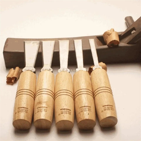 Ergonomic Wood Carving Chisel Set For DIY Woodworking And Detailing, Pro Grade Knife with wooden handles and metal blades displayed.