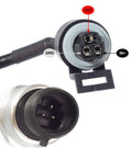 Stainless steel pressure transducer connector with 3 pins (IN+, GND, OUT) and 1/8 NPT thread, close-up.