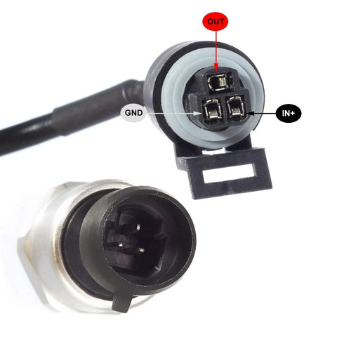 Stainless steel pressure transducer connector with 3 pins (IN+, GND, OUT) and 1/8 NPT thread, close-up.