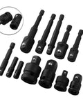 Premium 12 Piece Sockets Adapter Set With Hex Shank Extender Bar Kit For 1/4 Inch 3/8 Inch And 1/2 Inch Cordless Drivers, black steel