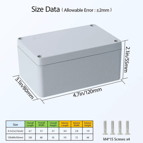 Rugged Aluminum Electrical Box Junction Case IP67 Waterproof Outdoor Enclosure Dustproof Project Box 4.7 By 3.1 By 2.1 Inches For Outdoor Electrical Installations Weatherproof Metal Box With Tight Sealing, size chart view