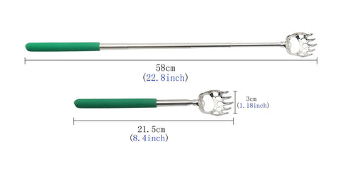 4 Pack Telescoping Bear Claw Back Scratcher Extendable Metal Back Scratcher With Rubber Handle, shown at 8.4 and 22.8 inches