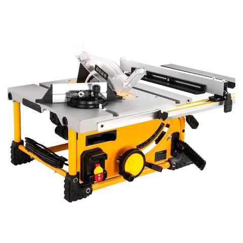 Badass Compact 8 Inch Portable Table Saw With Advanced Dust Catcher in yellow and gray for woodworking.
