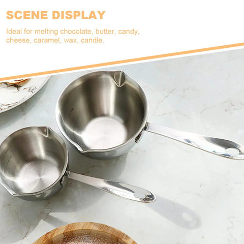 Slick Melting Pot With Pour Spout For Hot Coffee Chocolate And Soups Fire Kitchen Warmer Bowl, stainless steel, with two sizes.