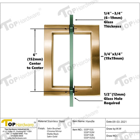 Stainless Steel 304 Grade Tubular Back to Back Shower Door Pull Handle 6 Inch Center to Center Square Satin Brass Finish Pair Pack