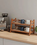 Two Tier Bamboo Coffee Station Organizer For Mugs And Cups, Space Saving Countertop Rack For Kitchen And Coffee Bar