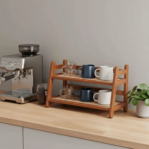 Two Tier Bamboo Coffee Station Organizer For Mugs And Cups, Space Saving Countertop Rack For Kitchen And Coffee Bar