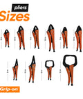 10 Piece Locking Pliers And Clamp Set With Straight And Curved Jaws, Long Nose Pliers, Wire Cutter And C Clamps sizes displayed