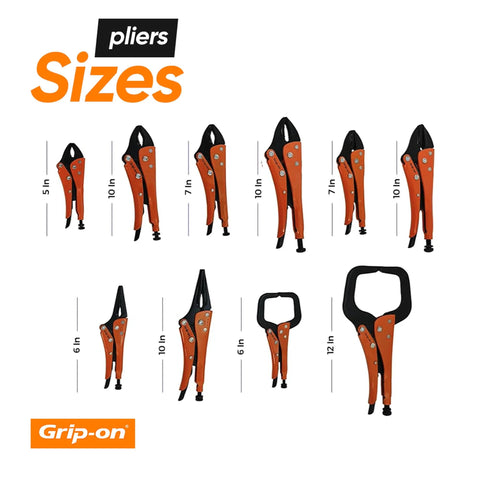 10 Piece Locking Pliers And Clamp Set With Straight And Curved Jaws, Long Nose Pliers, Wire Cutter And C Clamps sizes displayed