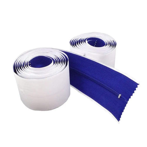 Cloth Zipper Door For Quick Access Through Poly Sheeting With Peel And Stick Dust Barrier Self Adhesive Backing And Air Tight Seal Twin Pack Indoor Outdoor Use From Minus Twenty To One Hundred Fifty Degrees 84 By 3 Inches showing rolled white sheeting and blue zipper.