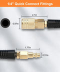 Close-up of quick connect fittings on a Coilable Polyurethane Recoil Air Hose With Quick Connect And Bend Restrictors.