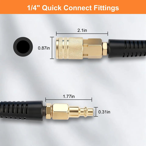 Close-up of quick connect fittings on a Coilable Polyurethane Recoil Air Hose With Quick Connect And Bend Restrictors.