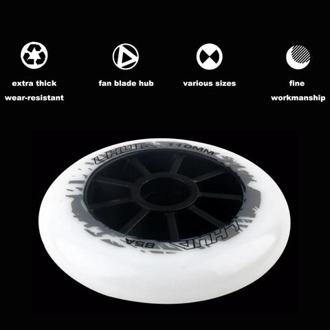 White 110mm inline skate wheel with fan blade hub, Six Pack Inline Skate Wheels 90mm 100mm 110mm Set 85A Replacement for Roller Blades