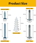 Product size chart of 192-Piece Self Drilling Screws And Drywall Anchors Kit with measurements for common sizes.