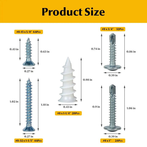 Product size chart of 192-Piece Self Drilling Screws And Drywall Anchors Kit with measurements for common sizes.