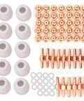 Super Cool 75-Piece Plasma Cutting Torch Consumables Kit For PT31 Pt40 Cut 40 And Cut 50 showing assorted copper tips and ceramic parts.