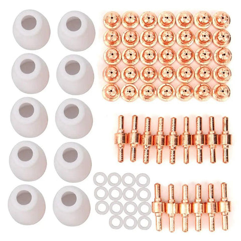 Top Tier 75-Pc Plasma Cutting Torch Consumables Kit For Pt-31 Cut40 contains copper tips and ceramic rings for reliable cuts.