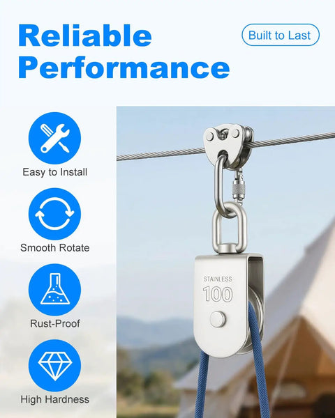 Beefy Single Wheel Lifting Pulley Block With 3300 Lbs Capacity Swivel Roller made from 304 stainless steel, hanging on cable