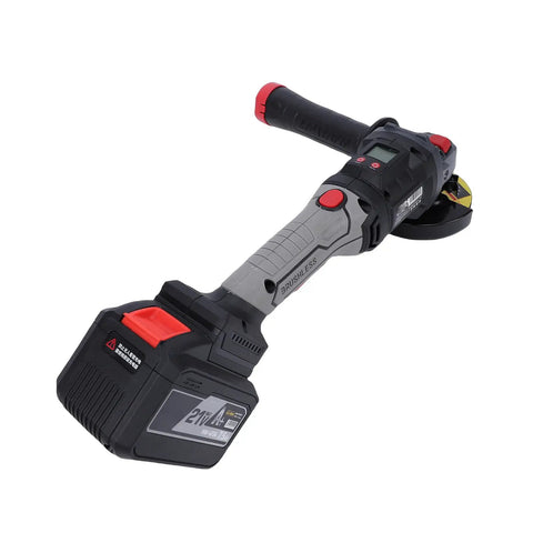 Heavy Duty 21V Cordless Angle Grinder With Brushless Motor and Rocking Head, featuring durable grip and adjustable speed.
