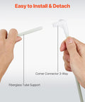 Hands holding fiberglass tube and 3-way corner connector, illustrating assembly for 3D Printer Enclosure With Ventilation And LED, Dustproof Waterproof Large 600D Oxford Cloth Tent, Constant Temperature Protective Case For Bambu Lab A1 Combo, Keeps Filament Stable, Reduces Warping And Jamming.