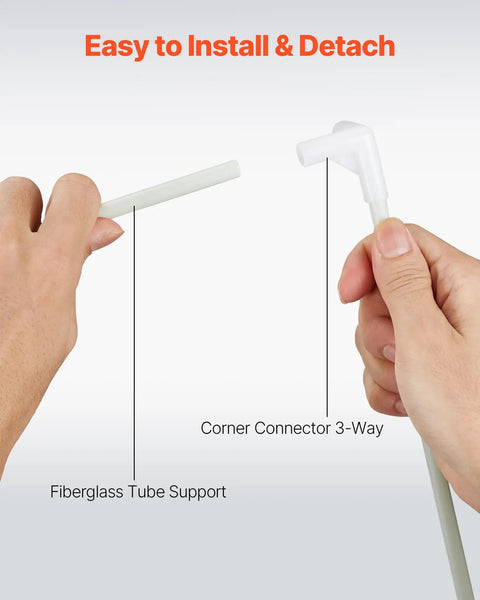 Hands holding fiberglass tube and 3-way corner connector, illustrating assembly for 3D Printer Enclosure With Ventilation And LED, Dustproof Waterproof Large 600D Oxford Cloth Tent, Constant Temperature Protective Case For Bambu Lab A1 Combo, Keeps Filament Stable, Reduces Warping And Jamming.