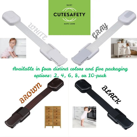 Six Pack Kid Safe Cabinet Locks in black, white, gray, and brown colors with tough 3M adhesive, no-drill baby proofing latches.