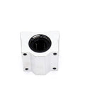 Front view of white SCS16UU linear bearing block with 16 mm bore and mounting holes.