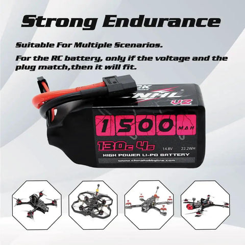 1500mAh 4S LiPo Battery 130C Burst 260C With XT60 Plug For FPV Drones, RC Quadcopters, and Helicopters