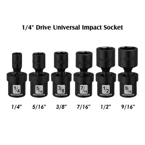 One Half Inch Drive Deep Universal Impact Socket Set with various size sockets lined up, black CR-MO steel for automotive use.