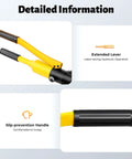 Heavy Duty 13 Ton Hydraulic Bolt Cutter handles with extended lever and slip-prevention grip for easy operation.