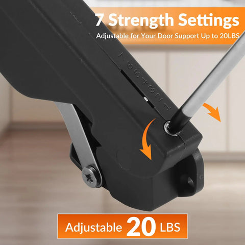 Close-up view of Overhead Cabinet Lid Support Hinges With Soft Close Adjustable Seven Level Strength 110 Degree Opening 20 Lbs Lift Support Zinc Alloy With Reinforced ABS Smooth Upward Motion For Kitchen Cabinets.