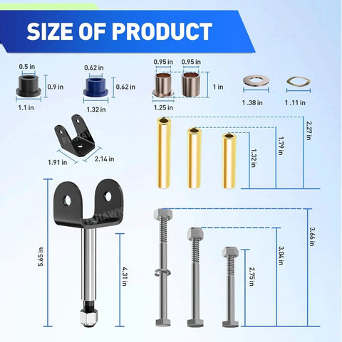 Size diagram of Big Time Polyurethane Front End Repair Bushing Kit For Club Car Ds Golf Cart 1993 Up with measurements.