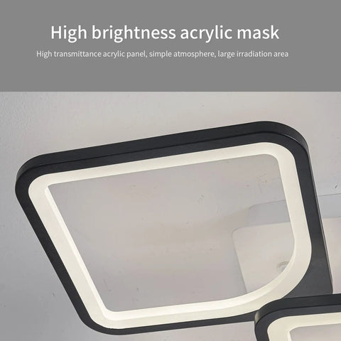 Close-up of a square acrylic panel on Five Heads Square LED Ceiling Light With Remote Dimmer And Memory Function 3000K To 6000K Dimmable White And Black Flush Mount Fixture For Living Room And Bedroom 70W Sleek Modern Acrylic Metal Chandelier Lamp